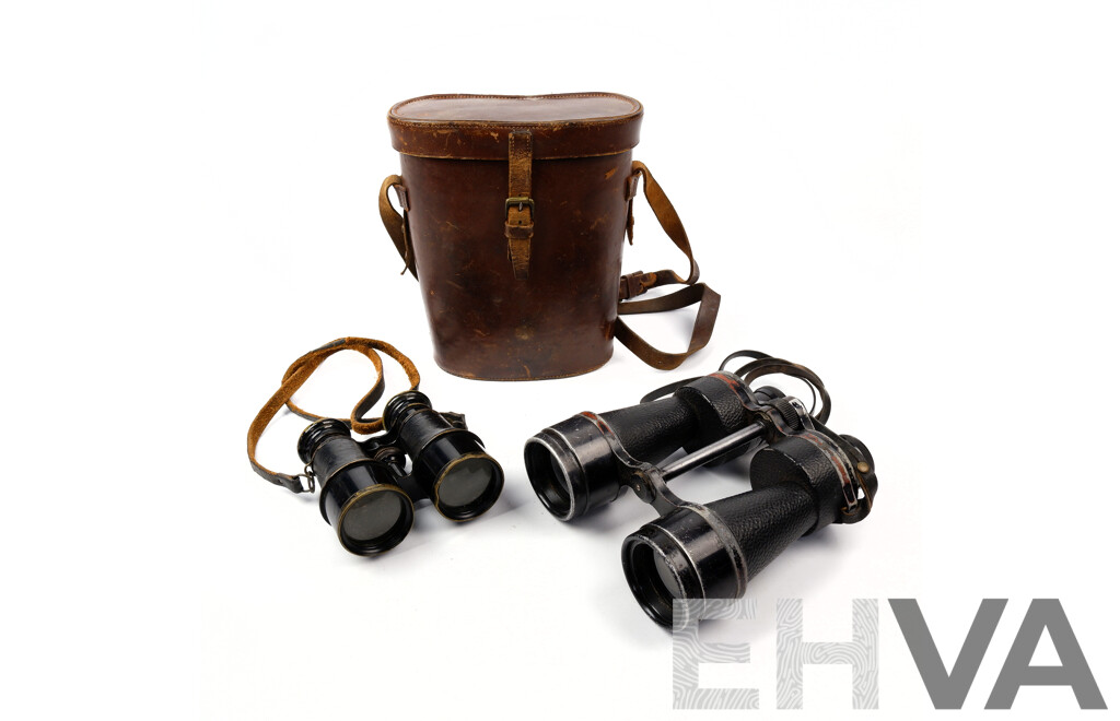 Vintage Set Ross London Steplux 50 X Binoculars in Leather Case Along with Smaller Antique Binoculars