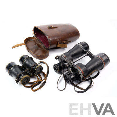 Vintage Set Ross London Steplux 50 X Binoculars in Leather Case Along with Smaller Antique Binoculars