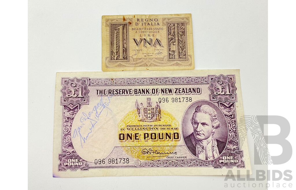 New Zealand One Pound Note, Flemming 096 and Italian One Lire Note 030 378556