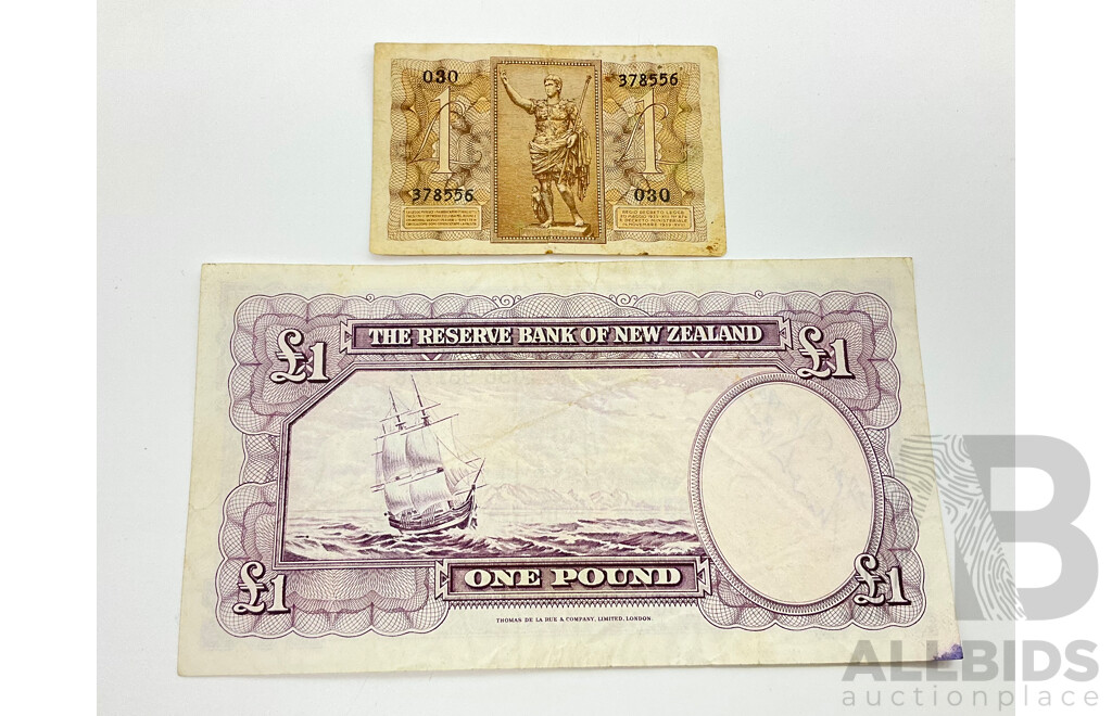 New Zealand One Pound Note, Flemming 096 and Italian One Lire Note 030 378556