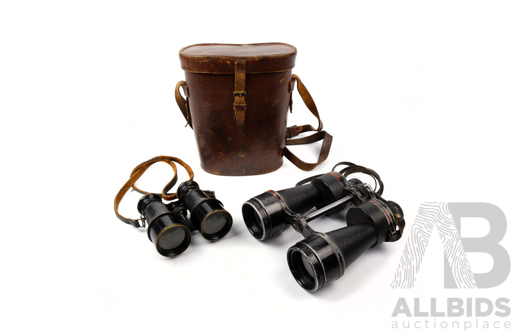 Vintage Set Ross London Steplux 50 X Binoculars in Leather Case Along with Smaller Antique Binoculars