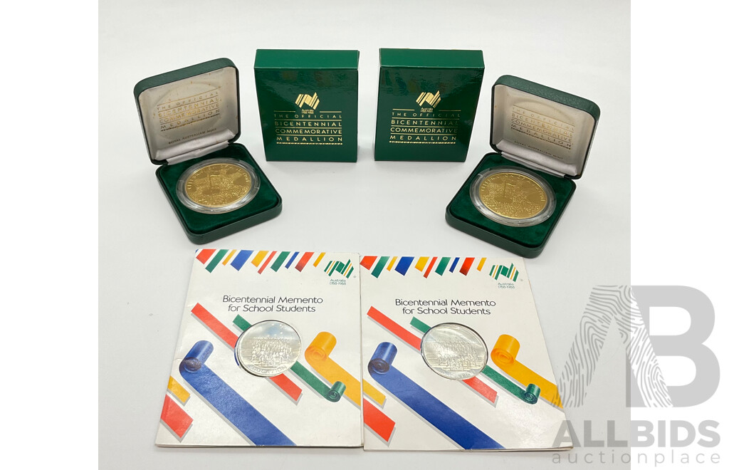 Australian RAM 1988 Official Bicentennial Commemorative Medallions (2) and Bicentennial Memento for School Students (2)