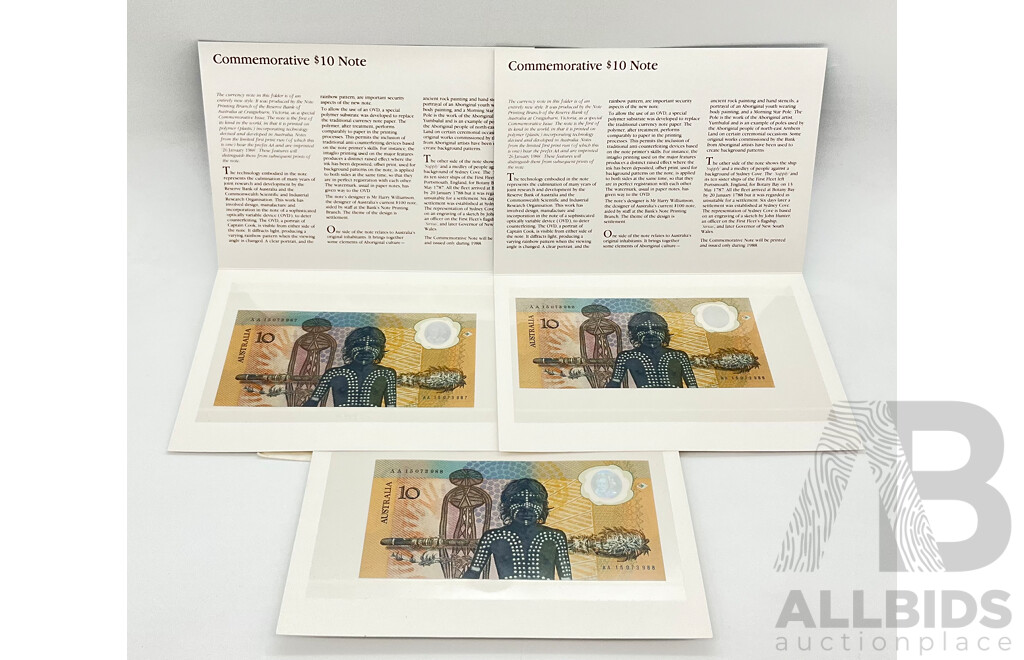 Australian 1988 Commemorative Ten Dollar Notes in Folders (3)