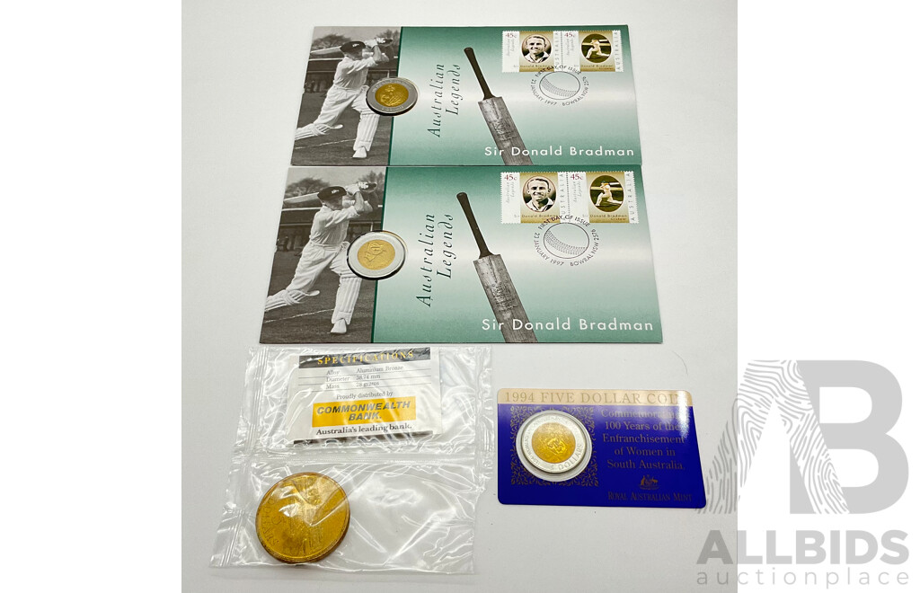 Australian 1997 Sir Donald Bradman Five Dollar Coin/PNC (2) RAM 1994 Five Dollar Coin - Enfranchisement of Woman in South Australia and 1988 Five Dollar Commemorative Coin