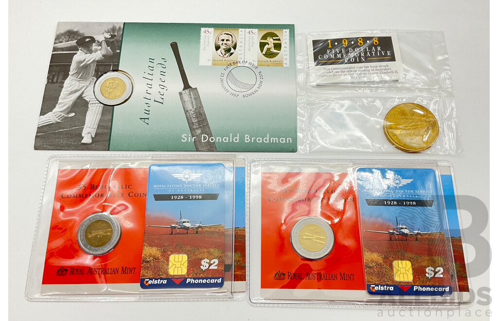 Australian 1997 Sir Donald Bradman Five Dollar Coin/PNC, RAM 1998 Bimetallic Five Dollar Coins and Phone Cards (2) and 1988 Five Dollar Commemorative Coin