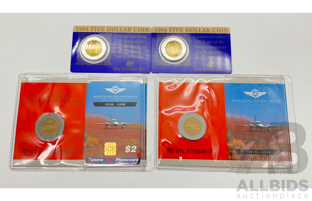 Australian RAM 1994 Five Dollar Coins - Enfranchisement of Woman in South Australia (2) and RAM 1998 Bimetallic Five Dollar Coins and Phone Cards (2)