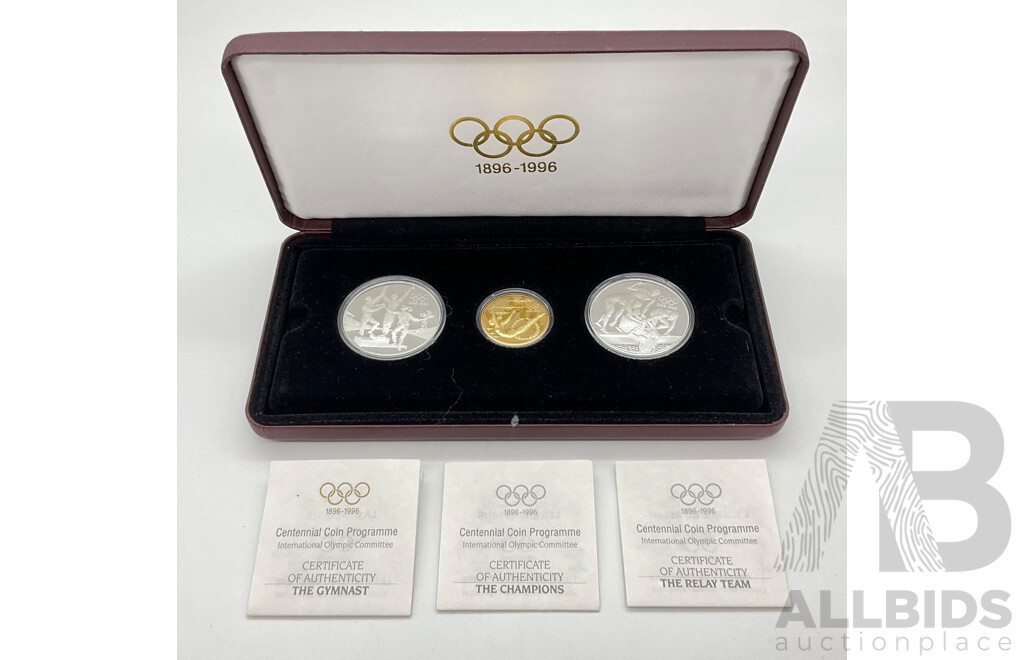 Australian 1896-1996 Olympic One Hundred Years Commemorative Coin Set, 1993 Two Hundred Dollar Gold Proof Coin (22 Carat) and 1993 Twenty Dollar Silver Proof Coins (2) (.925)