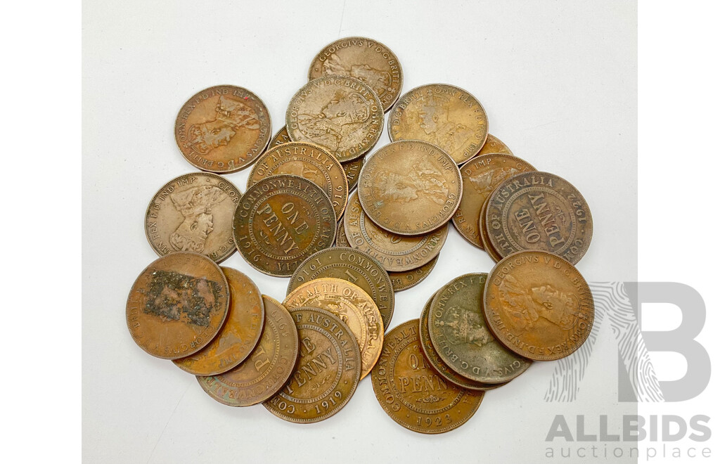 Collection of Australian KGV Pennies Including Years 1916 (4) 1919 (4) 1920 (3) 1921 (6) 1922 (5) 1923 (1) 1924 (2)