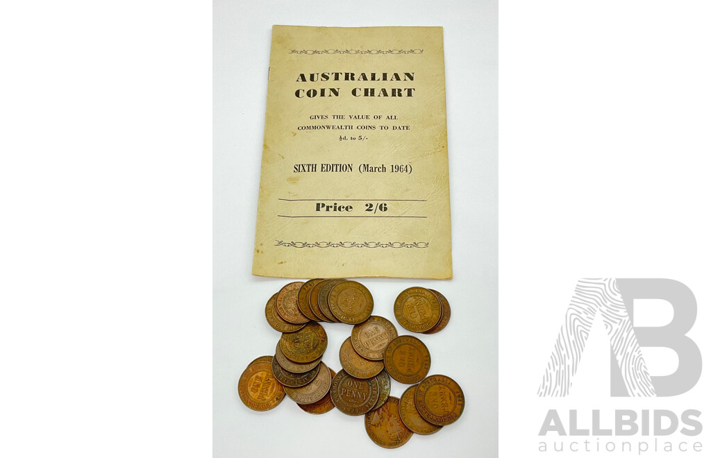 Collection of Australian KGV Pennies Including Years 1927 (5) 1929 (2) 1933 (3) 1934 (4) 1935 (3) 1936 (7) and Australian 1964 Coin Chart