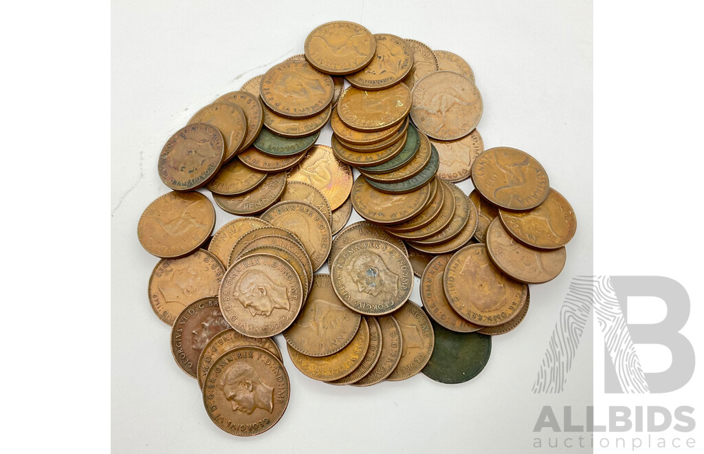 Collection of Australian KGVI Pennies Including Years 1938 (7) 1939 (4) 1940 (1) 1941 (14) 1942 (11) 1943 (13) 1944 (10) 1945 (4)