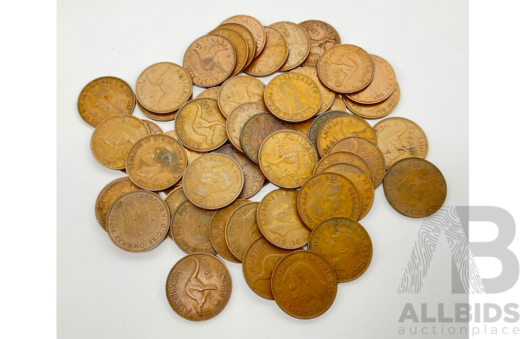 Collection of Australian KGVI and QE2 Pennies Including Years 1947 (4) 1948 (4) 1949 (4) 1950 (7) 1951 (8) 1952 (8) 1953 (6) 1955 (4) 1956 (6)