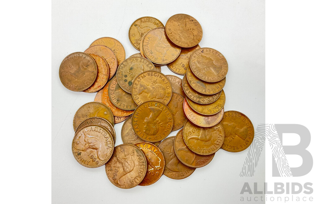 Collection of Australian QE2 Pennies Including Years 1957 (3) 1958 (7) 1959 (7) 1960 1960 (1) 1961 (4) 1962 (3) 1963 (3) 1964 (5)