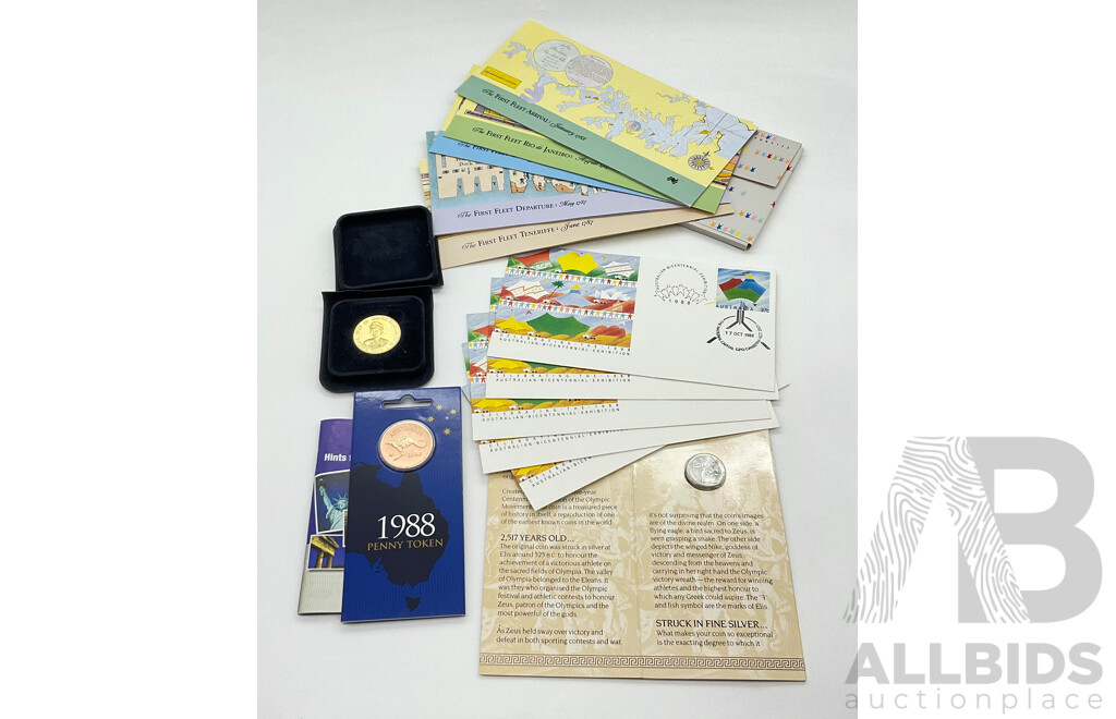 Collection of 1988 Bicentennial Mementos Including First Fleet Stamp Packs, 1988 Penny Token, Bicentennial First Day Covers (5) 1988 Parliament House Opening/Royal Visit and 1996 Olympic Victory Coin