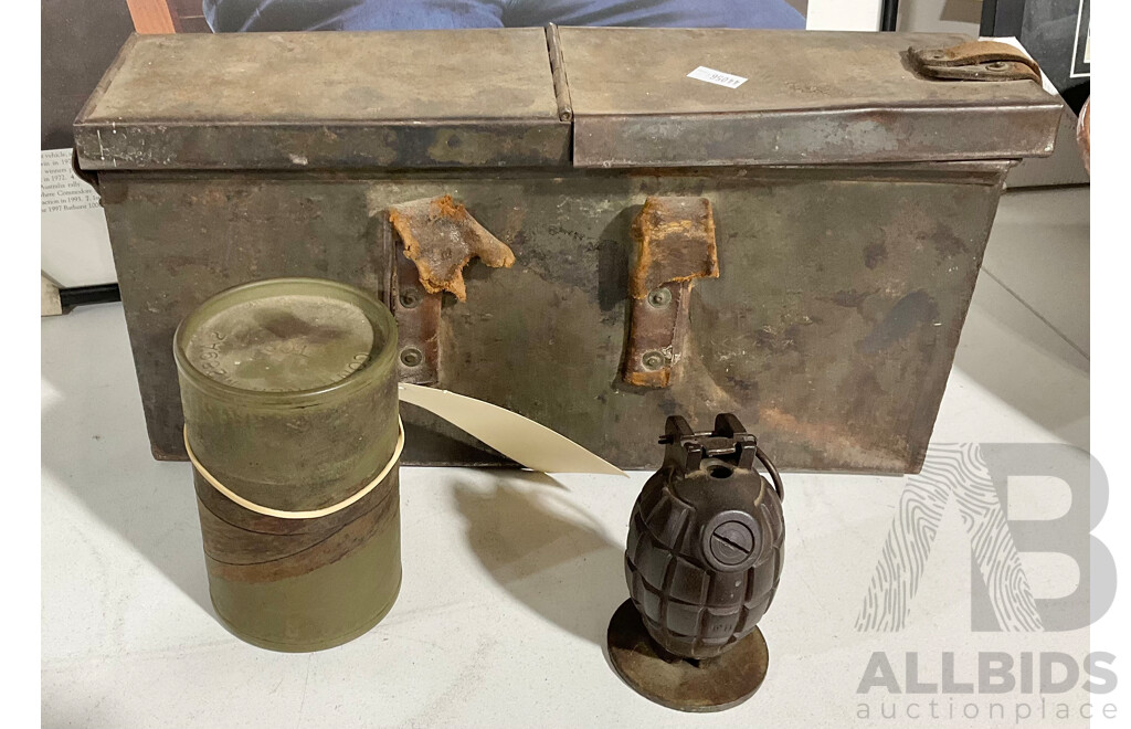 Metal Ammunition Box C1945 and Replica Grenade with Storage Cylinder