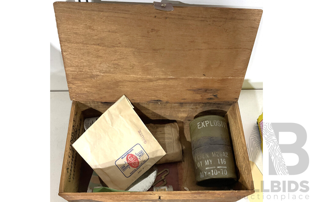 Vintage Timber 'First Aid' Box That Includes C.1941 Field Dressing, Empty Explosive Cannister and Others