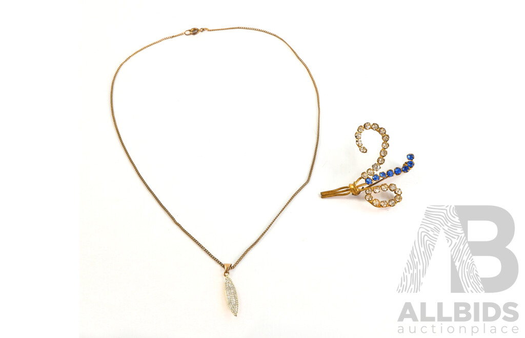 9ct Yellow Gold Pendant on Gold Plated Chain, with A Vintage Foil Back Floral Brooch