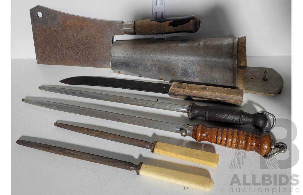 Collection Vintage Butchers Equipment Including Holster, Mundial Steel, Meat Cleaver and More