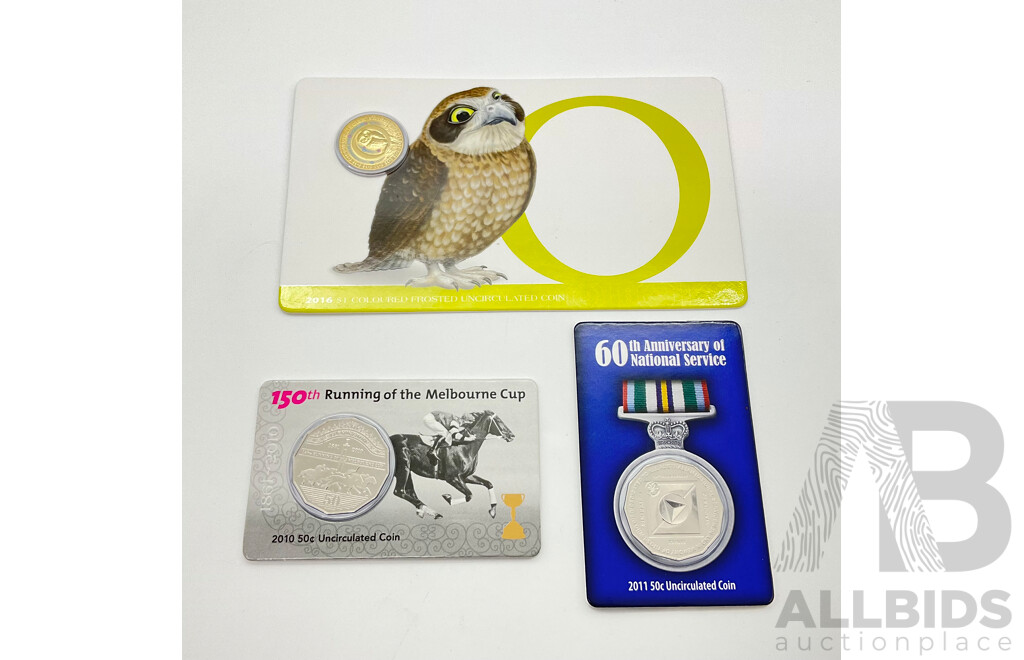 Australian RAM Carded Coins Includes 2010 150th Running of Melbourne Cup, 2011 60th Anniversary of National Service and 2016 Frosted 'O' Alphabet Coin