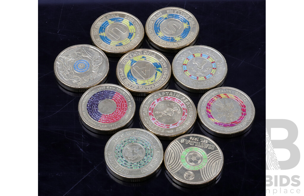 Australian Two Dollar Coins Including 2021 Aboriginal Flag, 2023 Matildas, 2019 Mr Squiggle and More (10)