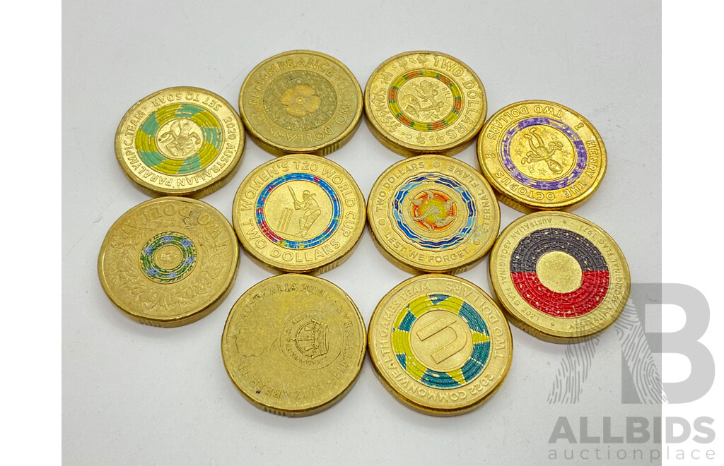 Australian Two Dollar Coins Including 2021 Aboriginal Flag, 2012 Remembrance, 2012 Henry the Octopus and More (10)