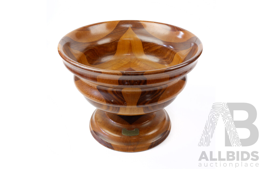 Vintage Inlaid Mixed  Woods Pedestal Bowl with Attached Inscribed Plaque