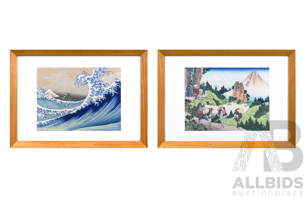 Pair of Japanese Woodcuts After Katsushika Hokusai (1760-1849, Japanese), 'the Great Wave Off Kanagawa' & 'Mount Fuji Seen From a Mountain Path' From the Series Thirty-Six Views of Mount Fuji