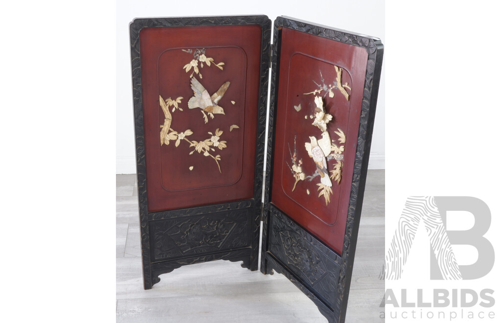 Vintage Asian Timber Ornately Carved Folding Screen with Applied Bone and Shell Imagery of Birds and Trees