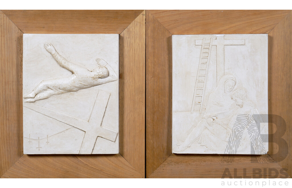 Pair Framed Plaster Reliefs Depicting Scenes From the Stations of the Cross - Station 9, 'Jesus Falls for the Third Time' & Station 13, 'Jesus is Taken Down From the Cross' (2)
