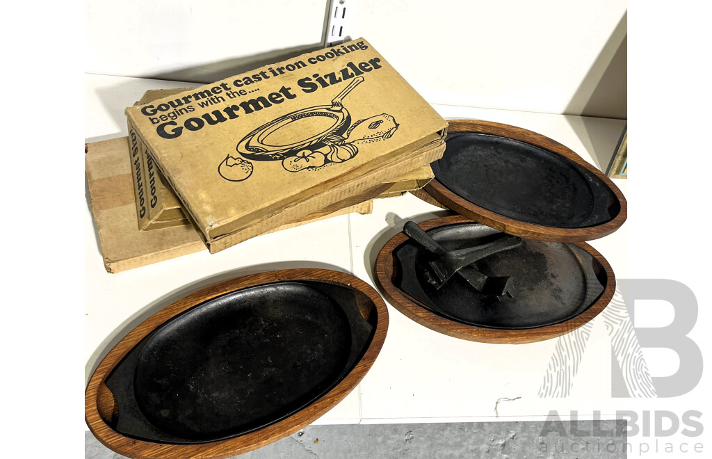 Set Eight Iron Sizzle Trays with Wooden Surrounds with Two Handles