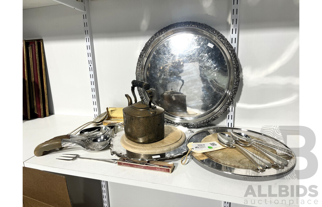 Collection Vintage and Other Decorator Items Including Three Silver Plate Trays Antique Brass Kettle, Silver Plate Flatwear and More
