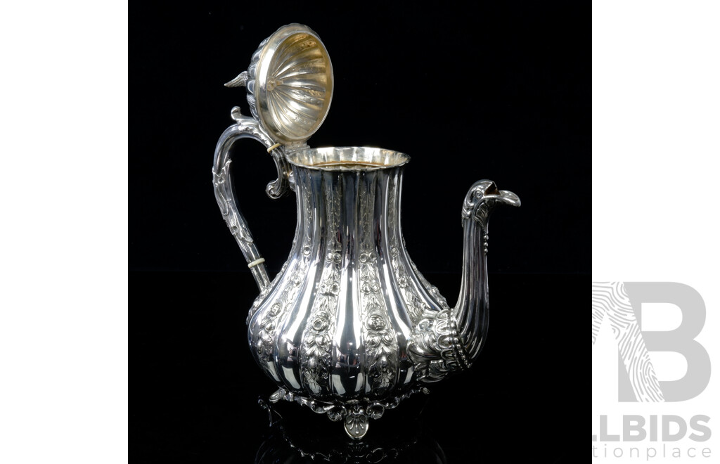 Fantastic Antique Silver Plate and Repousse Teapot with Ivory Heat Spacer and Bird Finial, Late 19th Century
