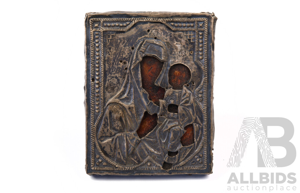 Antique Russian Silver and Painted Hardwood Icon