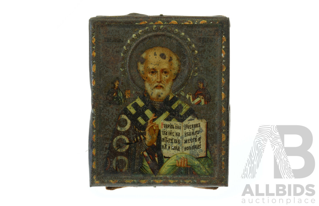 Antique Russian Hand Painted Pressed Metal Icon