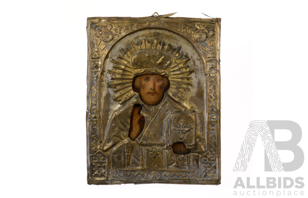 Antique Russian Brass and Hand Painted Board Icon