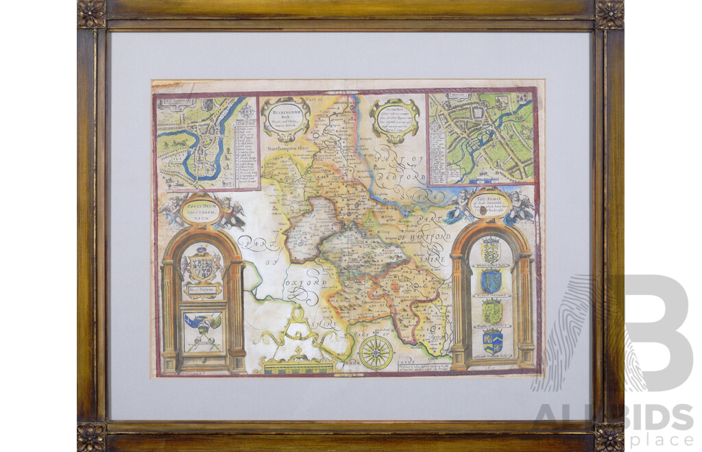 Framed Antique Hand-Coloured Map of Parts of Oxfordshire, Bedfordshire, Hartfordshire & Barkshyre [Sic] by John Speed