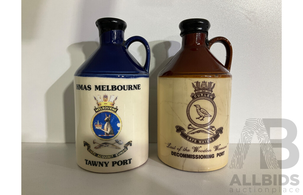 Two Vintage Port Jugs, HMAS Melbourne Tawny Port and HMAS Curlew M1121 Decommissioning Port