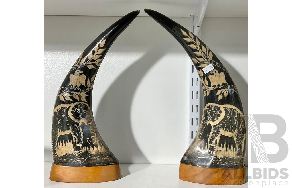 Pair Hand Carved Asian Buffalo Horns on Wooden Mounts