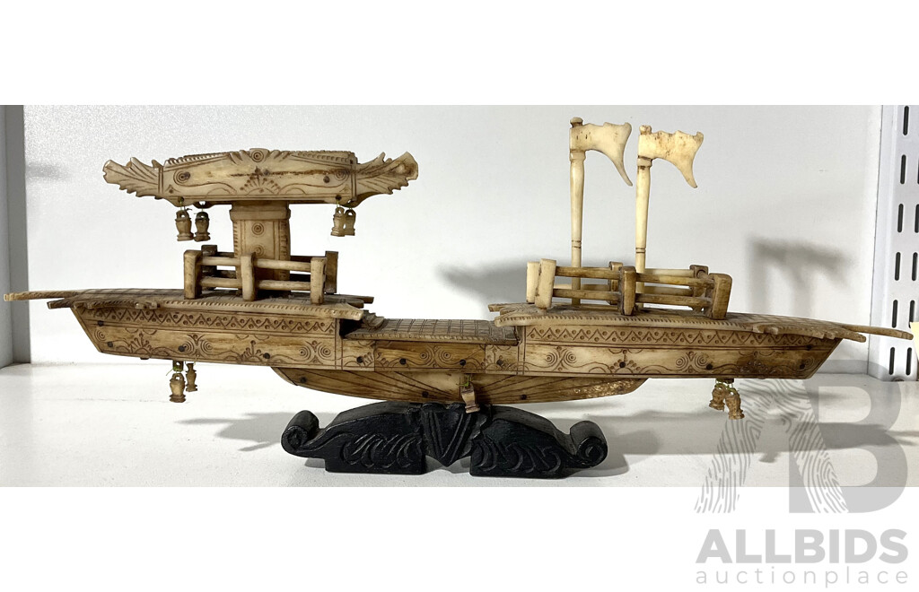 Hand Carved Asian Bone Ship Model on Wooden Mounts