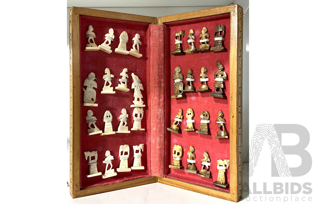 Hand Made Inlayed Chess Board with Hand Carved Bone Pieces