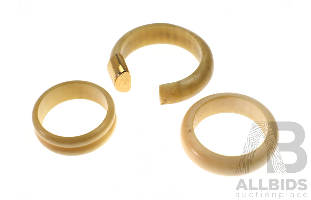 Three Ivory Rings, One with 14ct Yellow Gold Mount