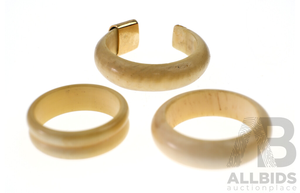 Three Ivory Rings, One with 14ct Yellow Gold Mount