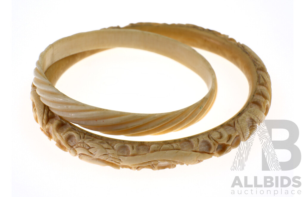 Antique Chinese Carved Ivory Bracelet with Dragon Motif Along with Antique Carved Ivory Bangle, Early to Mid 20th Century