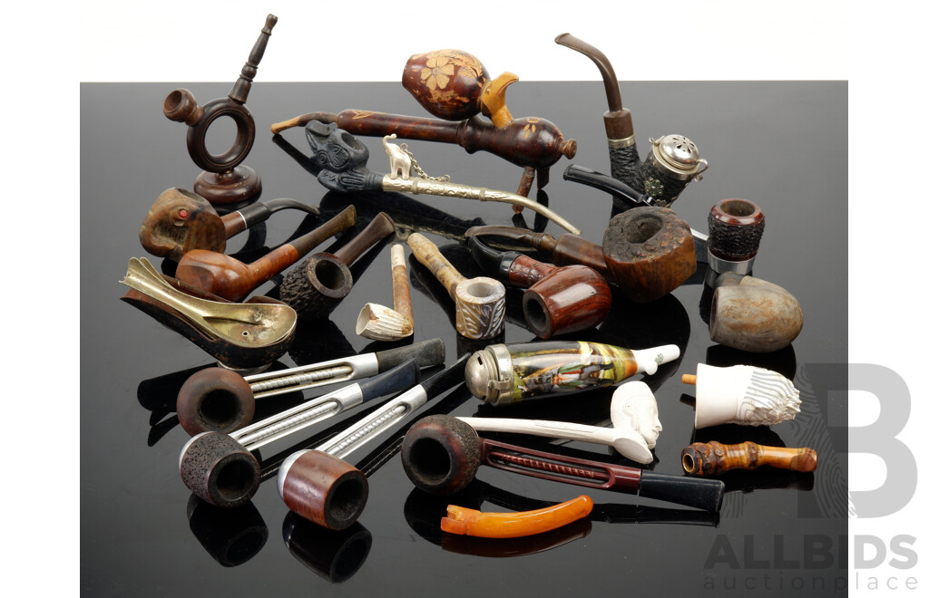 Collection Antique and Vintage Pipes and Tobacco Ephemera Including Four English Falcon Examples, Ceramic, Porcelain and More