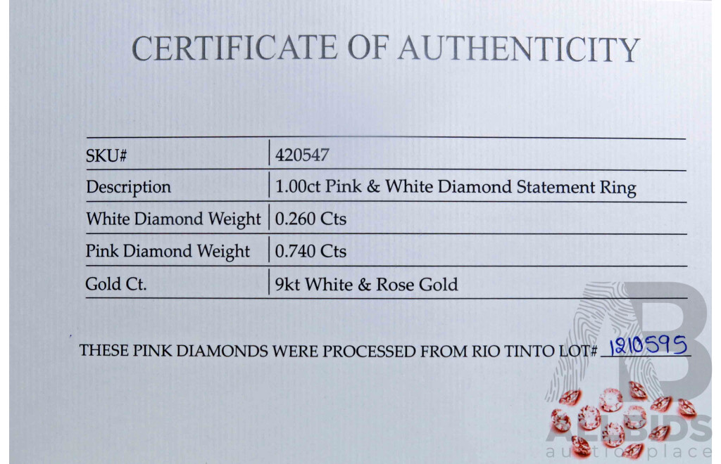 Spectacular ARGYLE PINK Diamond Statement Ring - with Argyle Lot Number. One Carat Diamond Ring