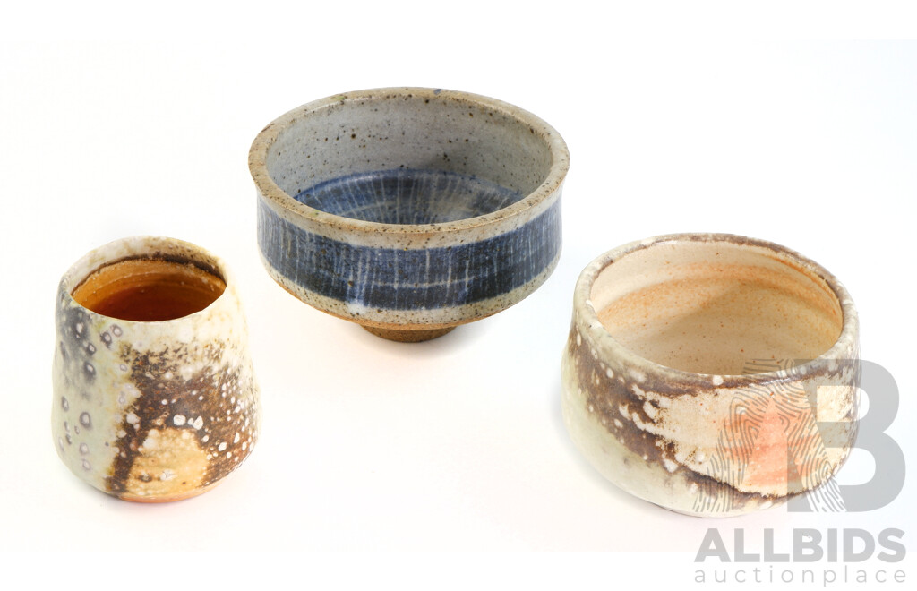 Three Pieces Australian Studio Pottery Comprising Two Pieces by Gail Nichols and Blue Dish by Petrer Travis, 1963