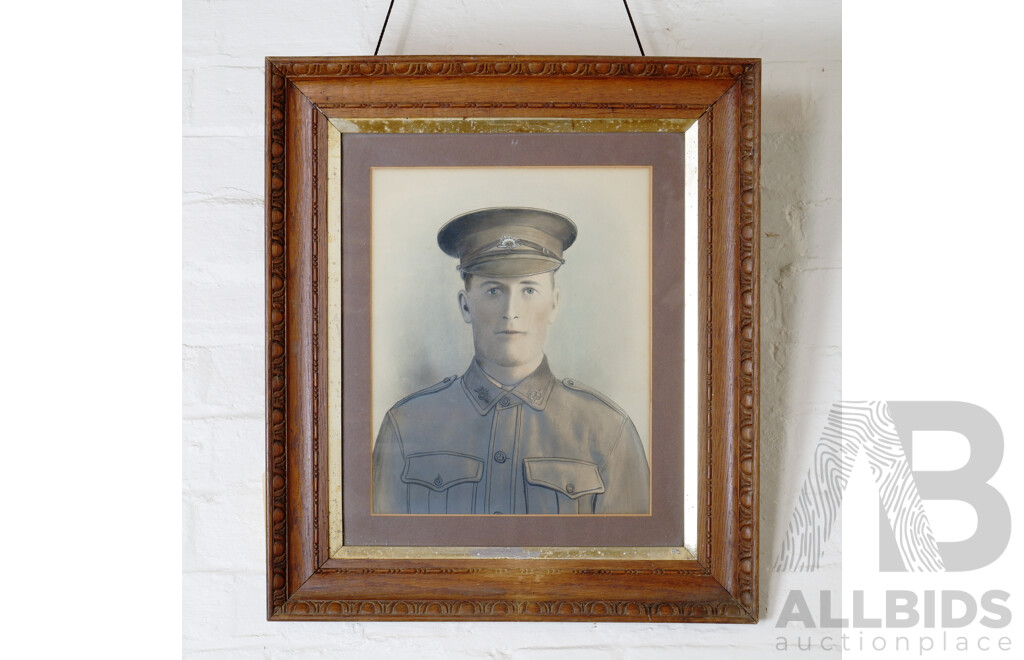 Framed Antique Photograph of Young Australian Soldier in Hand-Carved Timber Frame