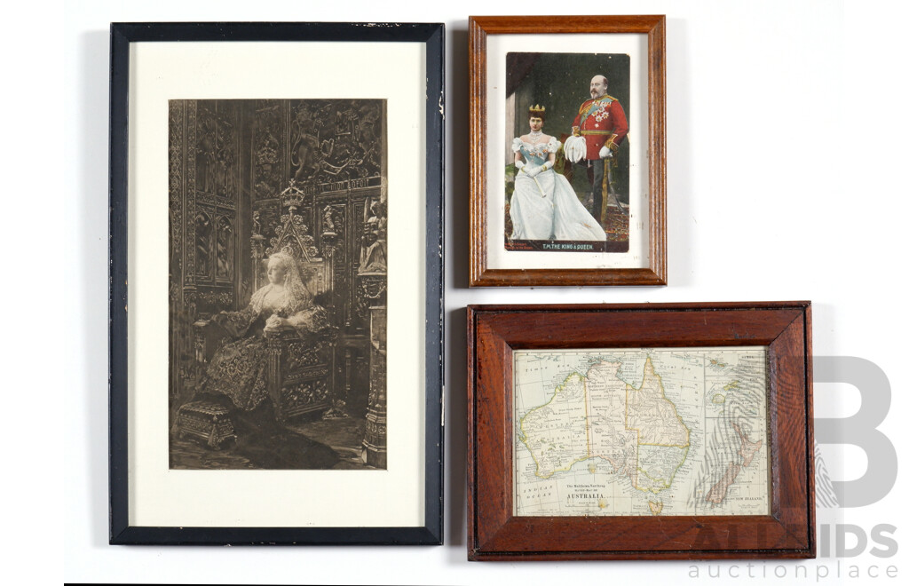Two Framed Offset Prints, Queen Victoria Together with TH The King & Queen & Framed 1899 Map of Australia (3)