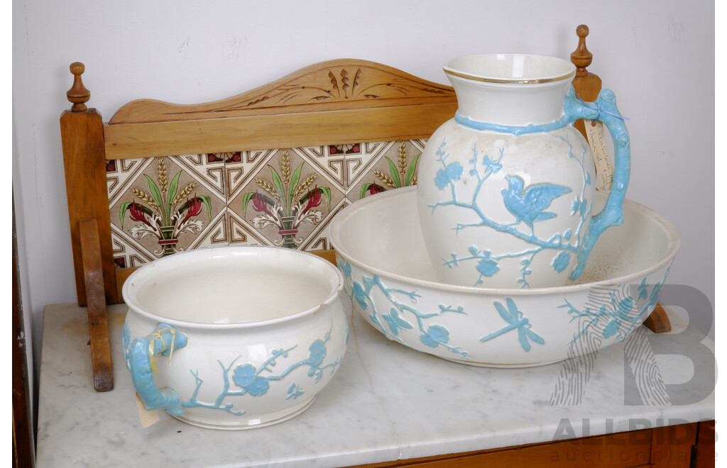 Mid Victorian Hand Painted Chamber Pot Decorated with Cherry Blossom and Butterflies with Matching Wash Basin and Jug