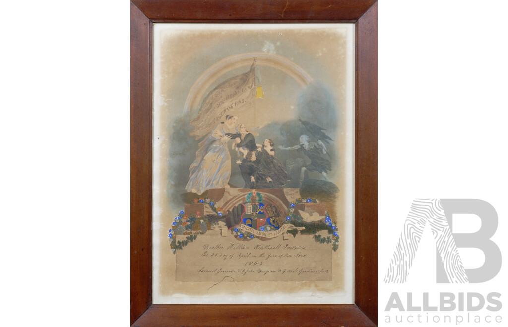 Framed Hand-Coloured Engraving, 'Manchester Unity of the Independent Order of Odd Fellows, Widows & Orphans Fund' 1863 together with 'Thoughts of Home' (2)