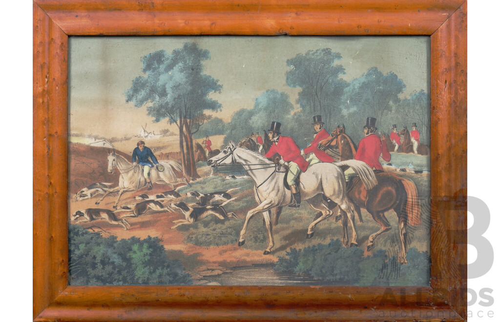 Set of Three Framed Mid 19th Century Hand-Finished Lithographs of English Fox Hunting Scenes (3)